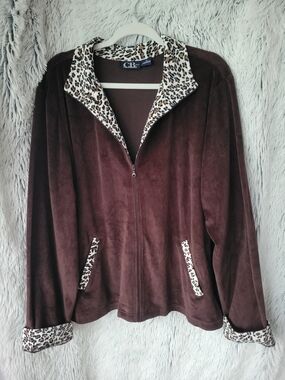 CB casual Brown Teddy Jacket with Leopard-Print Trim